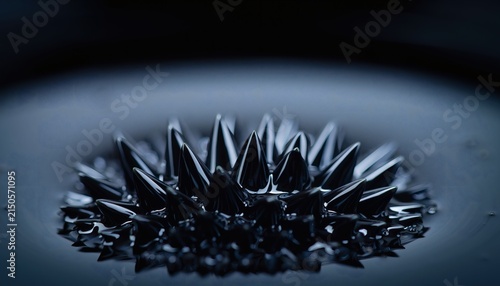 A dark ferrofluid forms sharp vertical spikes when exposed to a magnetic field on a flat reflective surface