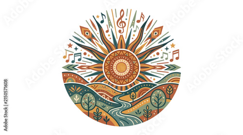 Vibrant Sunburst Landscape with Musical Notes and Folk Art Elements