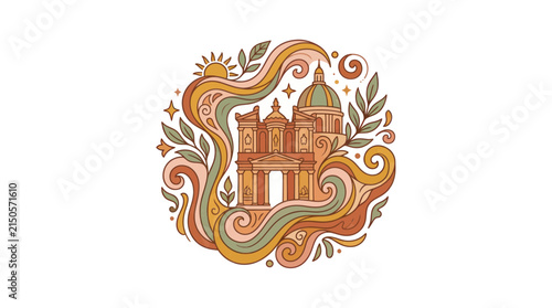 Vintage Mediterranean Architecture Landmark with Swirling Ornate Design