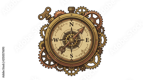 Bild auf Leinwand Steampunk Compass with Gears and Wind-Up Key