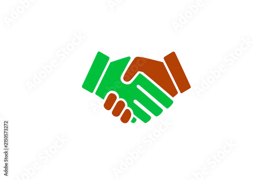 Green and brown hands shaking in a partnership agreement icon representing cooperation, business success and mutual trust in a professional deal