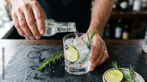 Bartender pouring tonic into gin glass with lime and rosemary garnish, close up