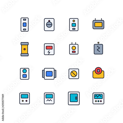 Premium flat vector icon collection of circuit breakers, relays, fuses, contactors, isolators and protection panels for electrical safety, industrial automation, power systems and engineering.
