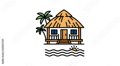 Tropical hut resort scene with palm trees and ocean sunrise