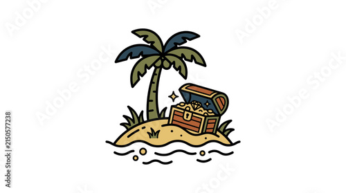 Tropical island treasure chest with palm tree and ocean waves