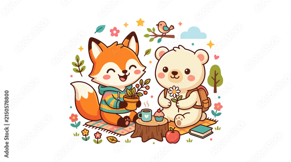 Fototapeta premium Cute Fox and Bear Friends Enjoying a Picnic Outdoors