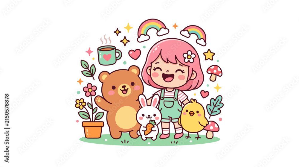 Fototapeta premium Cute girl with animals, rainbows, and coffee