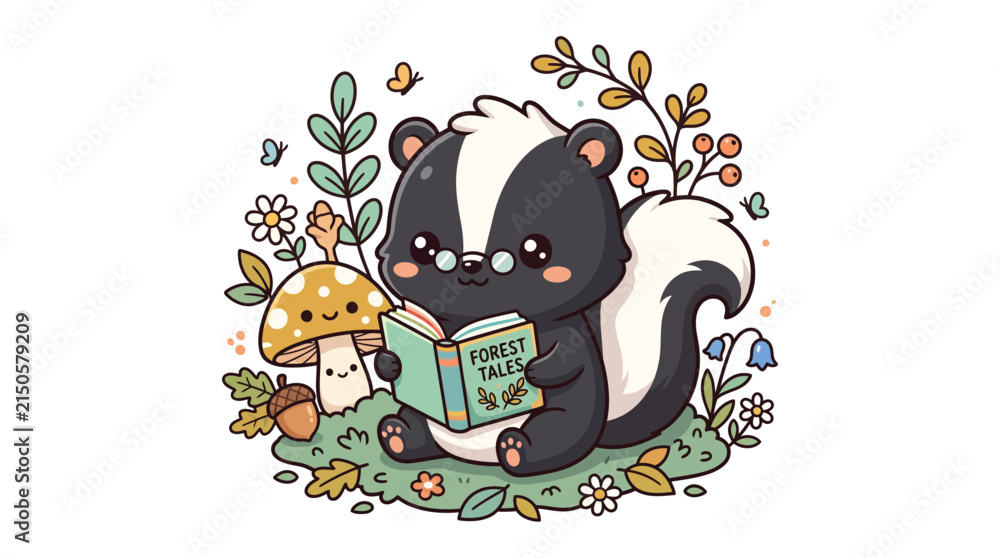 Fototapeta premium Cute Skunk Reading Book in Enchanted Forest