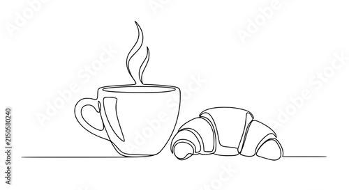 Minimalist line art of a steaming coffee cup next to a croissant, isolated on white