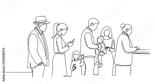 Diverse people line up, families and individuals, one line drawing