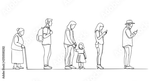 Diverse People Line Up - Isolated Line Art