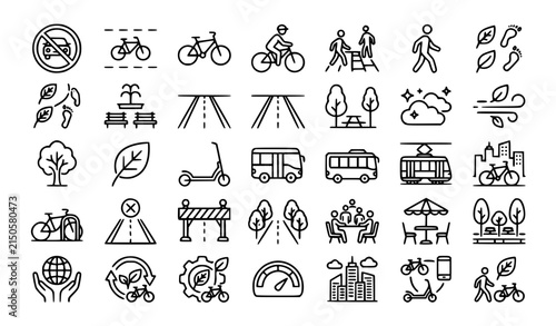 Car Free Day Line Icons Set with Bicycle Lane Green Path Clean Air Public Space and Urban Mobility Vector