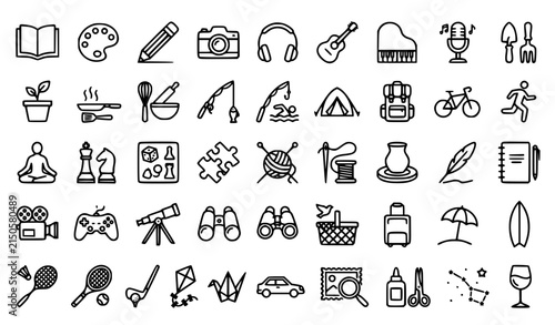 Leisure Activities and Hobbies Line Icons Set with Reading Music Sports Crafts and Outdoor Recreation