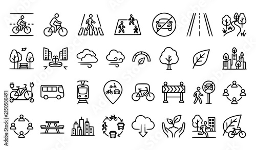 Car Free Day and Green City Outline Icons with Bicycle Lane Public Space Clean Air and Sustainable Transport