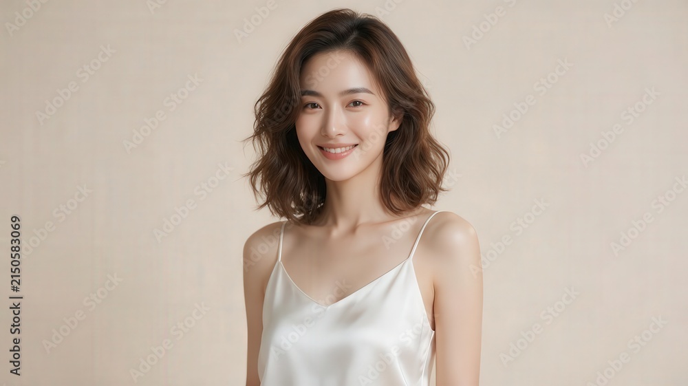 Obraz premium Smiling Young Woman Portrait Wearing Satin Camisole Elegant Natural Beauty and Confidence