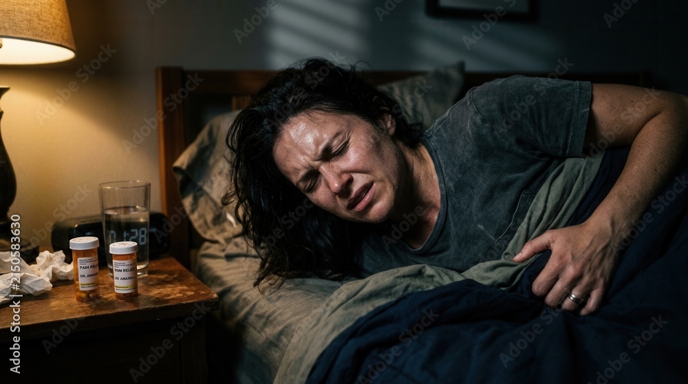 Obraz premium Woman Suffering Illness In Bed At Night With Medication Visible