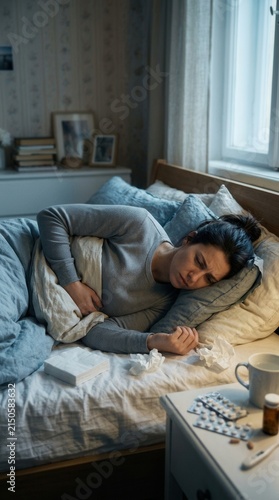 Woman Suffering From Stomach Pain While Lying In Bed At Night