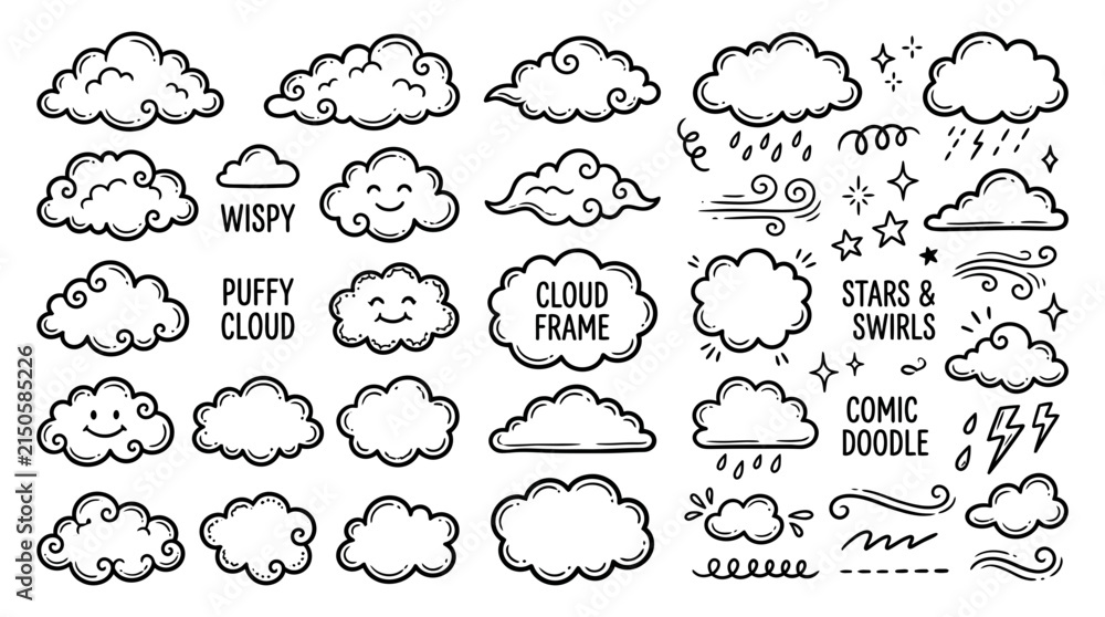 Obraz premium Collection of Hand-Drawn Doodle Clouds and Weather Elements for Design.