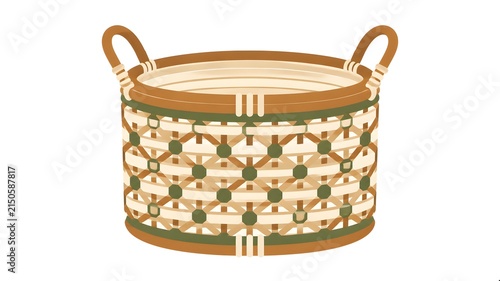 Handwoven Bamboo and Rattan Storage Basket with Handles, Traditional Handmade Craft and Natural Rustic Home Decor Illustration