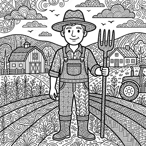 Farmer Standing in Field Holding Pitchfork on Farm Landscape.