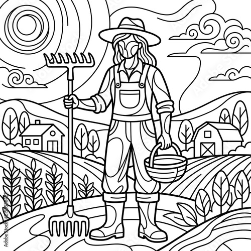 Farmer Standing in Field with Rake and Basket in Rural Landscape.