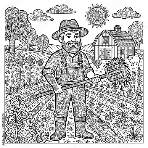 Farmer Tending Crops in a Lush Garden Scene.