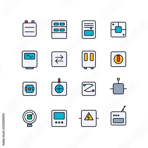 Premium flat vector icon collection of battery modules, racks, cabinets, inverters, cooling systems, sensors and controllers for industrial energy storage and power management.