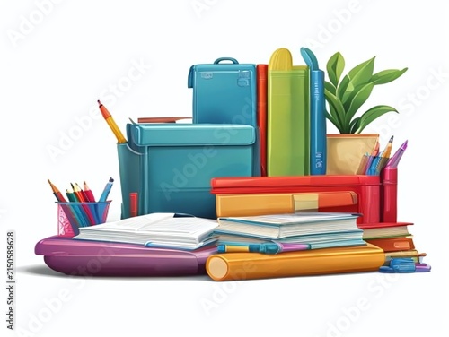 Colorful stacked books with plant and glasses on desk.