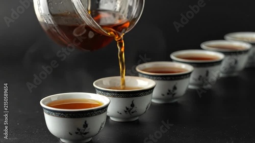 Pouring tea into a row of ceramic cups.
