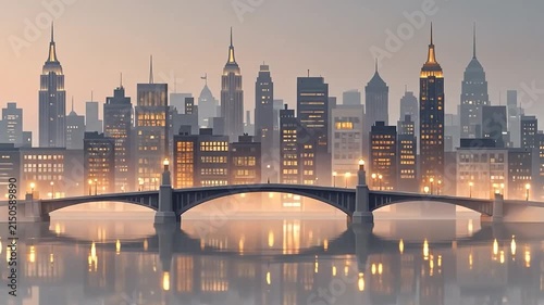 Minimalist city skyline with bridge over reflective water.