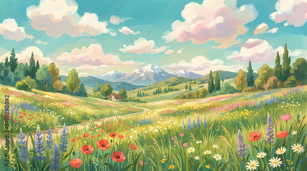 Obraz premium A vibrant landscape painting of a wildflower meadow with distant mountains and fluffy clouds