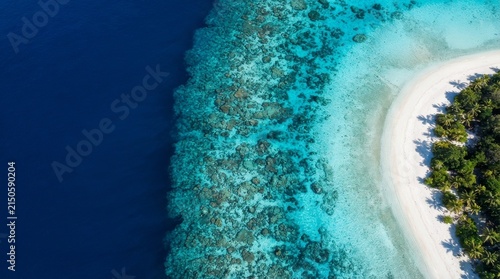Aerial of drone view of coral reef edge meeting deep ocean drop off with aerialview, droneview