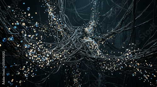Neural network wires with glowing particles, abstract technology background