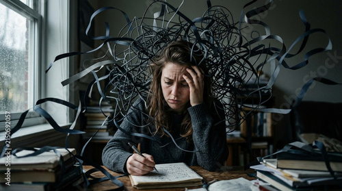 Overwhelmed woman with tangled thoughts, stressed student struggling with studies