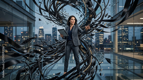 Woman in Suit Directing Abstract Energy Flow in Modern Office with City View