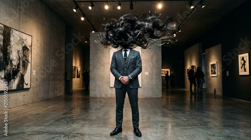 Man in Suit with Exploding Black Ink Head in Art Gallery