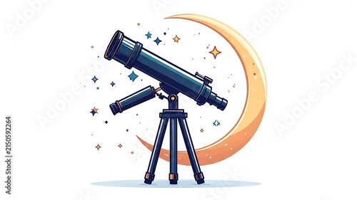 Telescope on tripod with golden crescent moon background