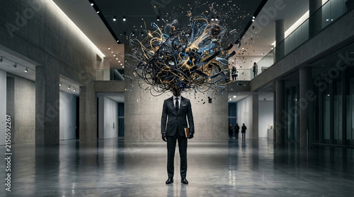 Man with exploding abstract mind, symbolizing creativity, chaos, and innovation in art gallery