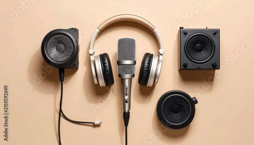 studio recording equipment with microphone headphones and speakers arranged on a neutral beige background for music production or podcasting