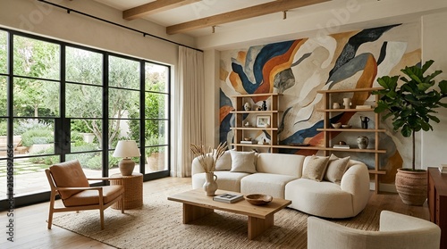 Modern Living Room with Organic Mural, Natural Light & Plush Sofa