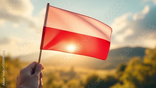 Hand holding Polish flag against beautiful sunset mountain landscape