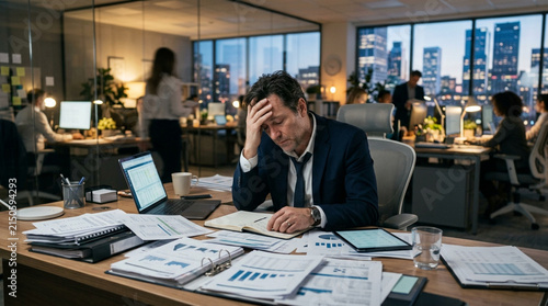 Overwhelmed businessman stressed at desk late night office, deadline pressure, burnout concept