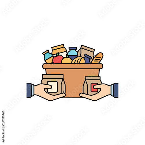Hands hold a large cardboard box packed with various food items to symbolize a grocery delivery or a charitable food donation.