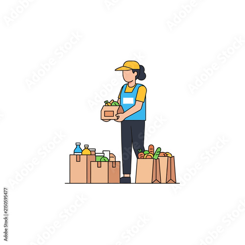 Delivery worker carries a cardboard box while standing next to several bags of groceries in an organized distribution scenario.