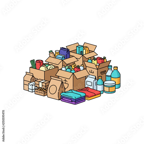 Cardboard boxes filled with assorted groceries and supplies represent a charitable donation or a home delivery service for essential household items.