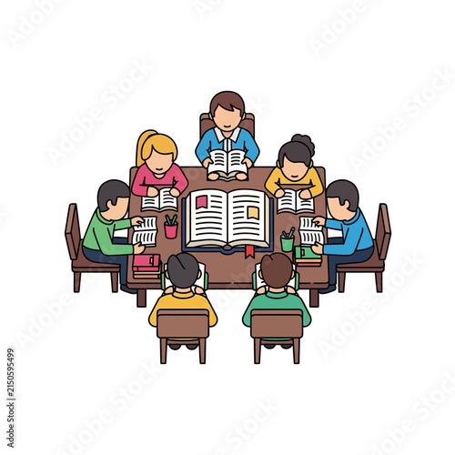 Students gather around a large table to study multiple open books during a collaborative academic workshop in a library.