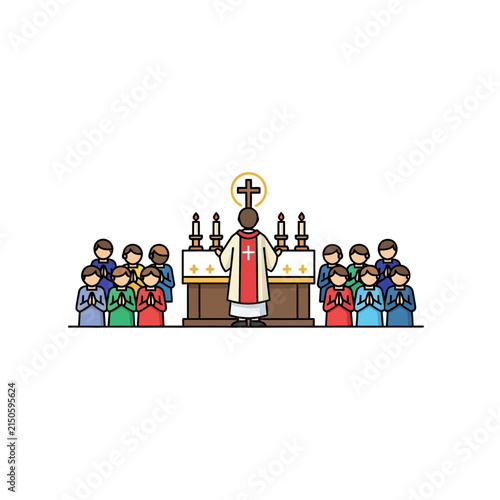 Priest stands at the altar leading a congregation in prayer during a traditional church service ceremony.