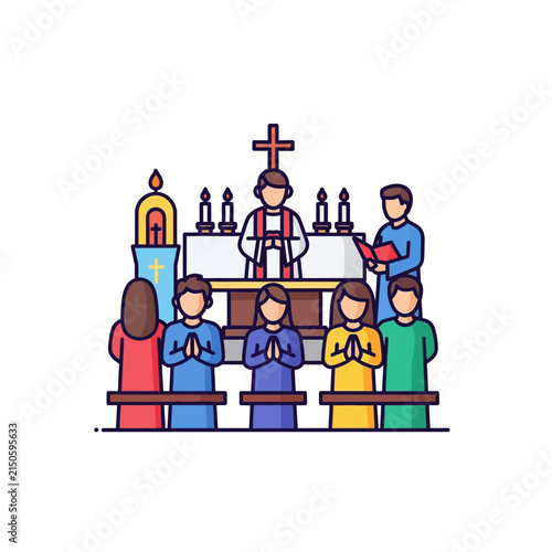 Congregation gathers at the altar with hands clasped in prayer while a priest leads the religious service in this vibrant and modern graphic illustration.