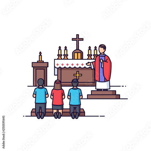 Priest stands before the altar during a church service while members of the congregation kneel in prayer in this clean and minimalist graphic illustration.