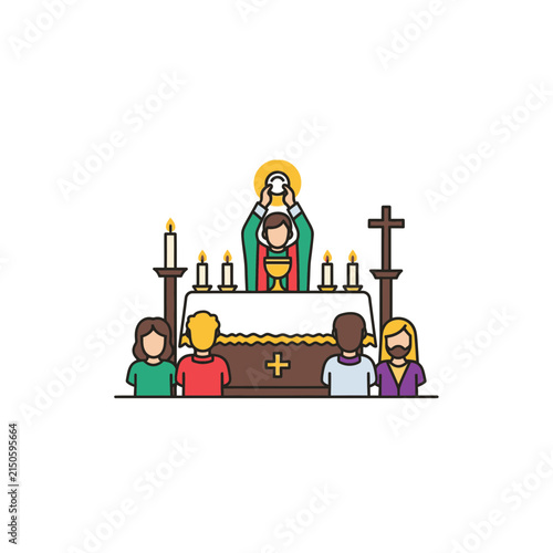 Priest celebrates the Eucharist at the altar while the congregation watches during a solemn religious church service in this stylized graphic illustration.